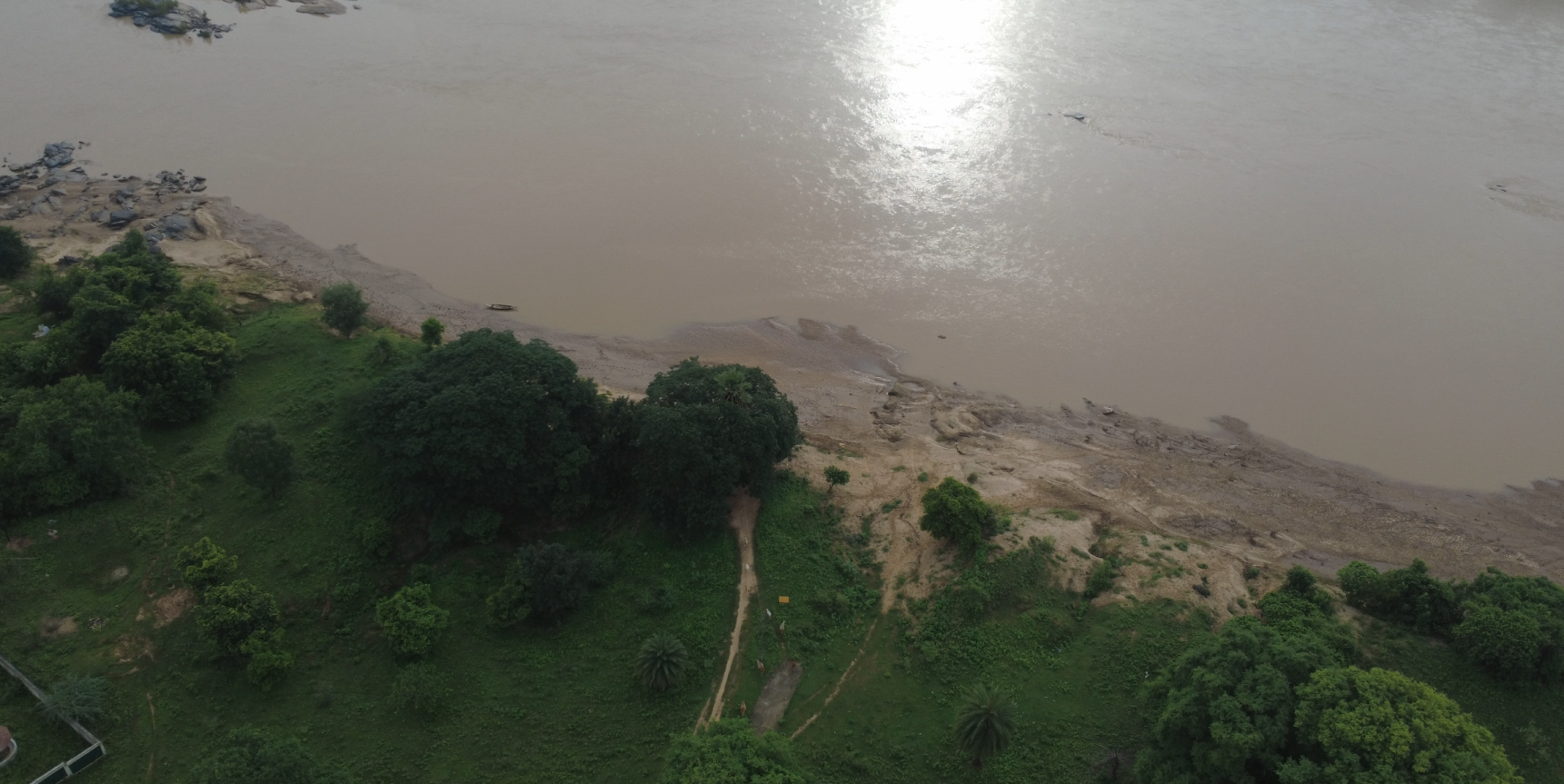 A top-down view of a riverbank with lush green trees and a dirt path.